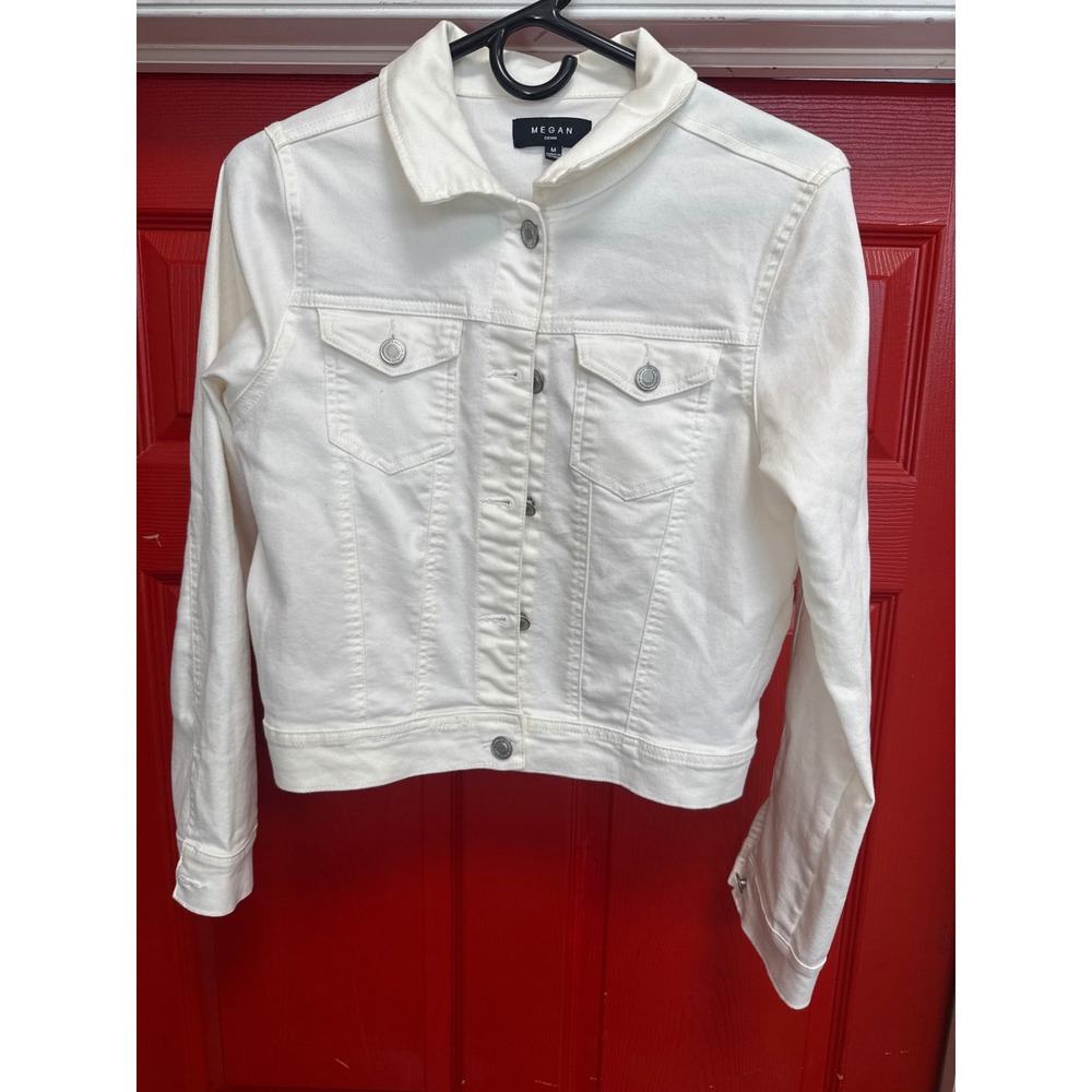 Megan Denim Womens White Jean Jacket Size Medium Cropped Trucker Button Up